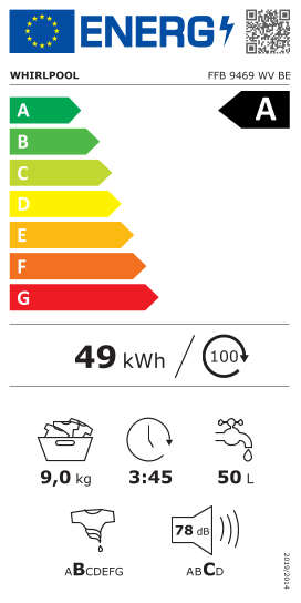 Étiquette énergie officielle UE — Whirlpool FFB 9469 WV BE — Classe A