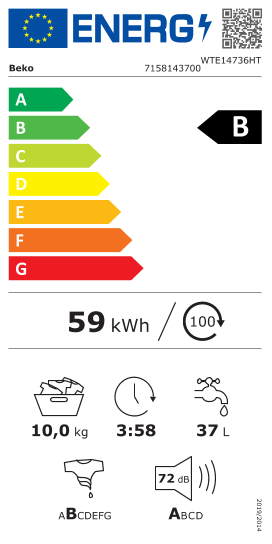 Étiquette énergie officielle UE — Beko WTE14736HT 7158143700 — Classe B