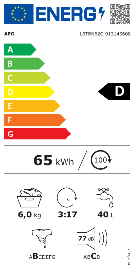 Étiquette énergie officielle UE — Aeg L6TBN62G 913143608 — Classe D