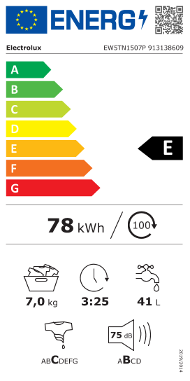Étiquette énergie officielle UE — Electrolux EW5TN1507P 913138609 — Classe E