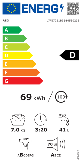 Étiquette énergie officielle UE — Aeg L7FE7261BI 914580238 — Classe D
